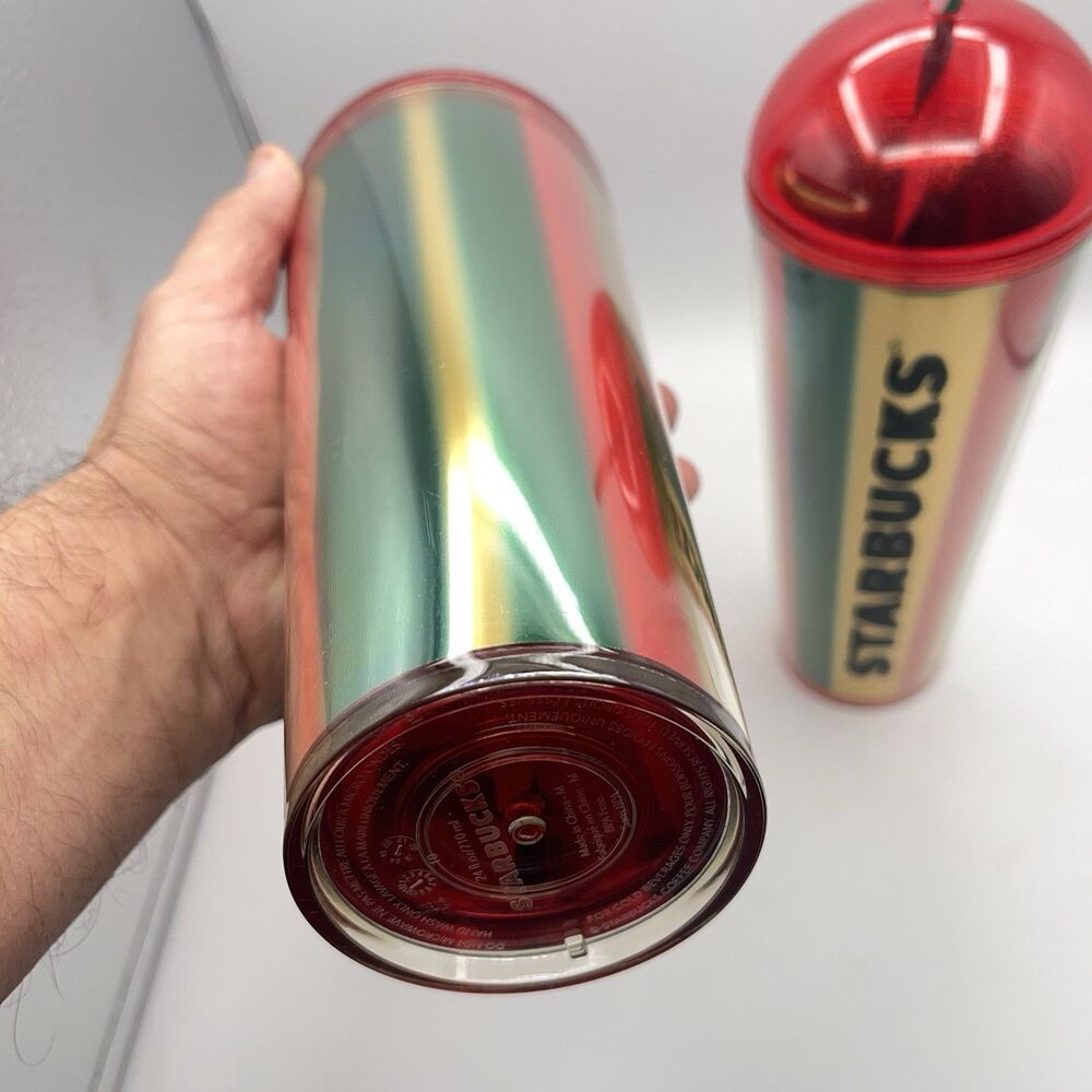 Starbucks 2024 Metallic Red, Green & Gold Stripe Cold Cup - Set Of 2 - Picture 12 of 16